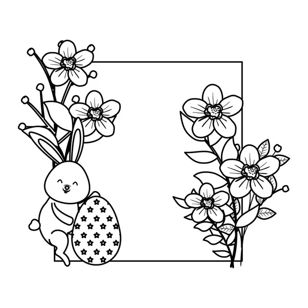 Милый кролик с пасхальным яйцом окрашены и квадратные цветочные рамки — стоковый вектор