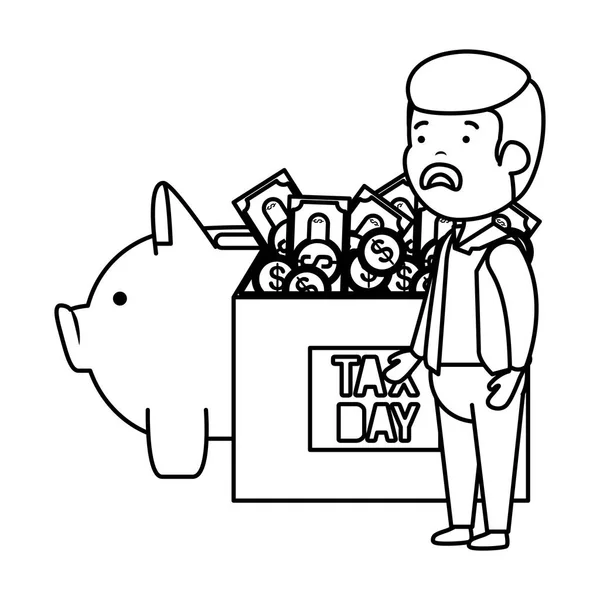 Депрессивный человек за деньги с коробкой и свиньи сбережения — стоковый вектор