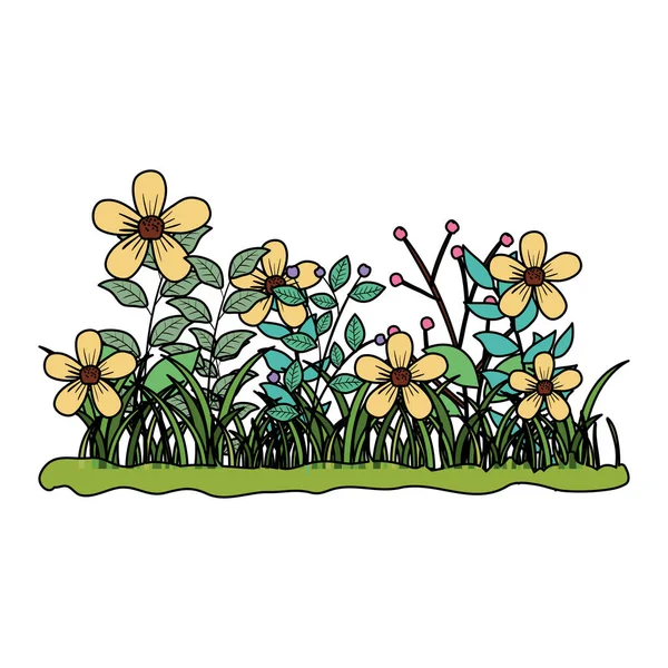 Schöne Blumen mit Rasengarten-Szene — Stockvektor
