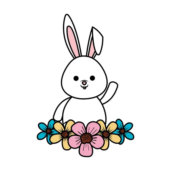 Lindo conejo con flores carácter — Archivo Imágenes Vectoriales