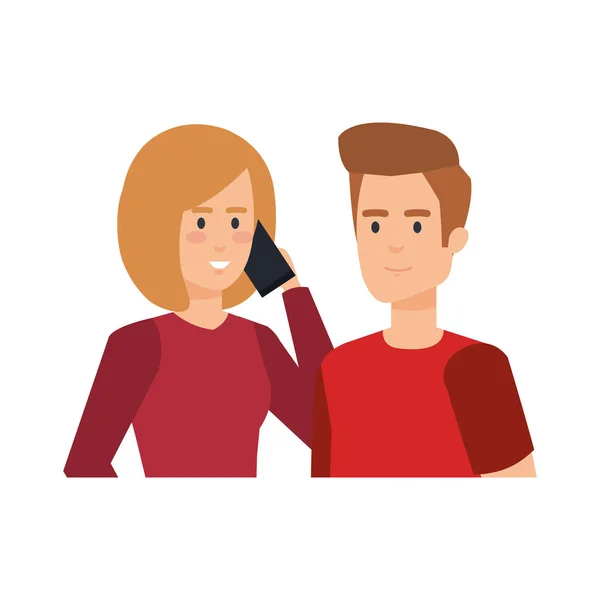 Mladý pár s smartphone avatary znaky — Stockový vektor