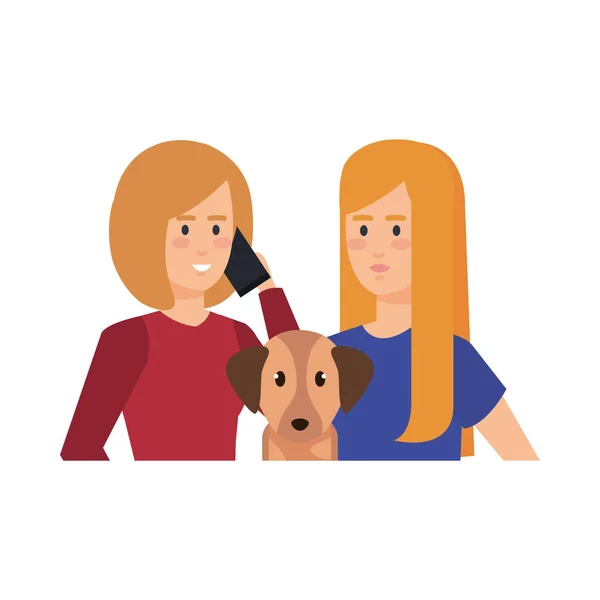 Paar meisjes met hond avatars tekens — Stockvector