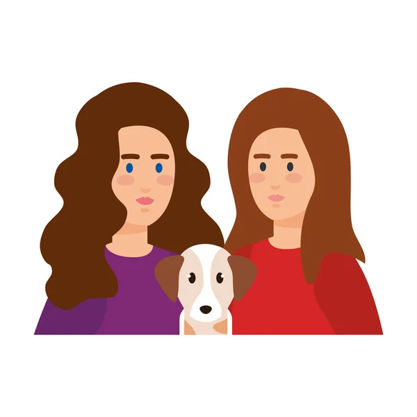 Pareja de chicas con perro avatares personajes — Vector de stock