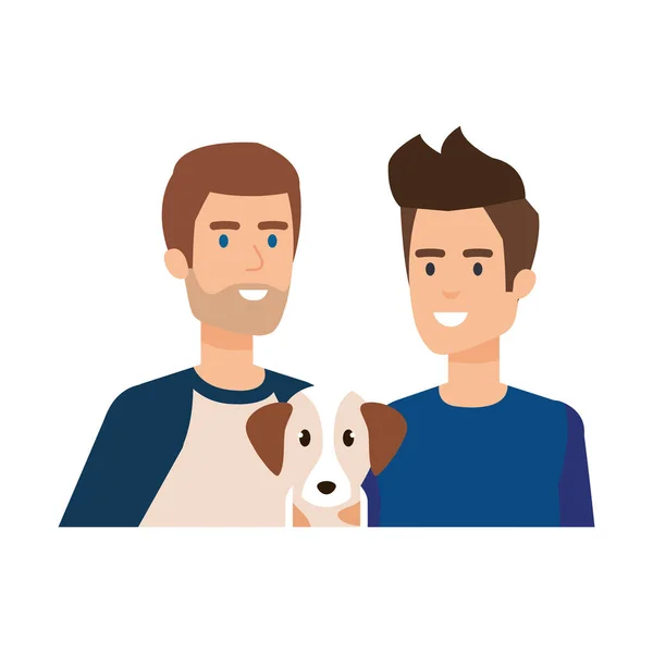 Joven y casual pareja de hombres con perro — Vector de stock