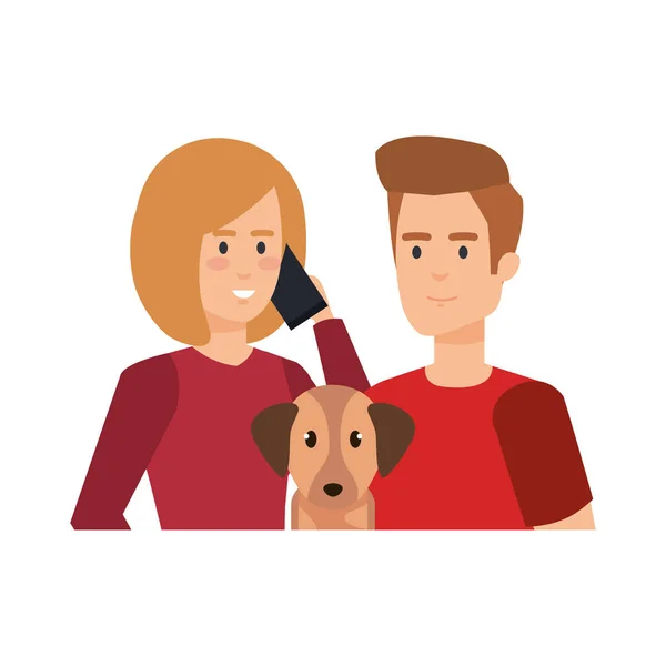 Young couple with smartphone and dog — Stock Vector