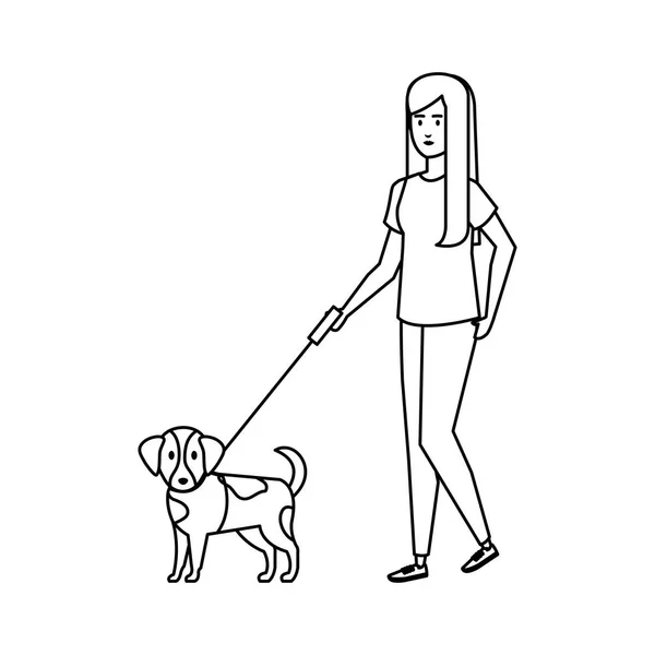 Jonge vrouw met hond wandelen — Stockvector