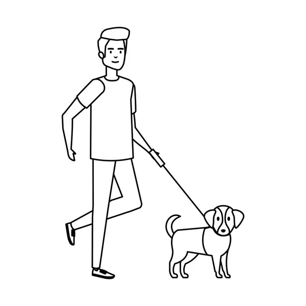 Joven hombre caminando con perro — Vector de stock
