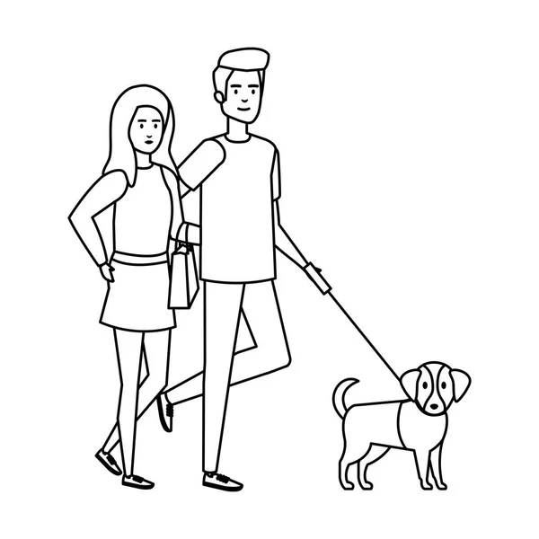 Joven pareja con perro avatares caracteres — Vector de stock