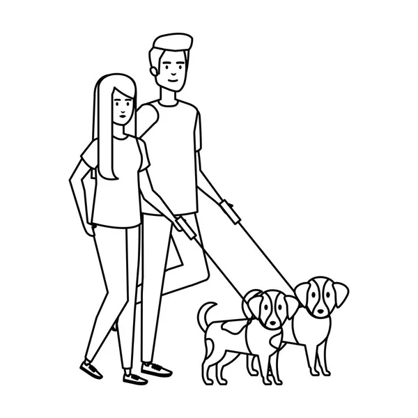 Joven pareja con perro avatares caracteres — Vector de stock