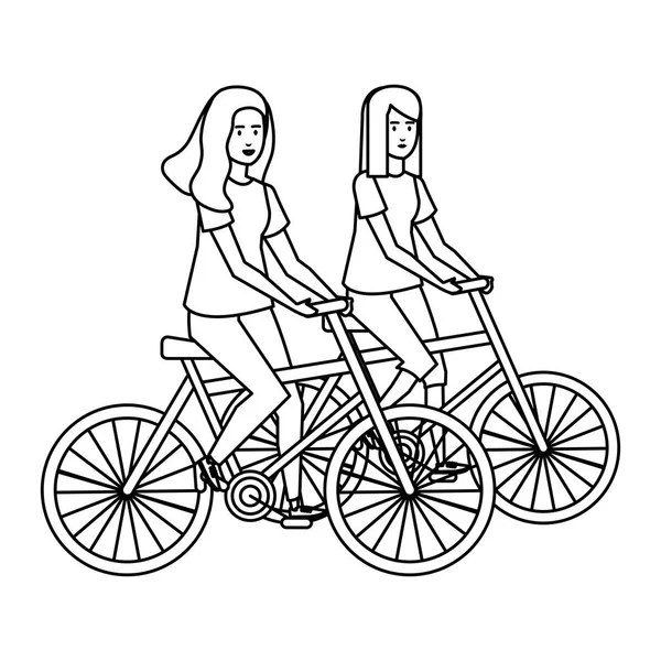 Персонажи аватаров пары девушек на велосипедах — стоковый вектор