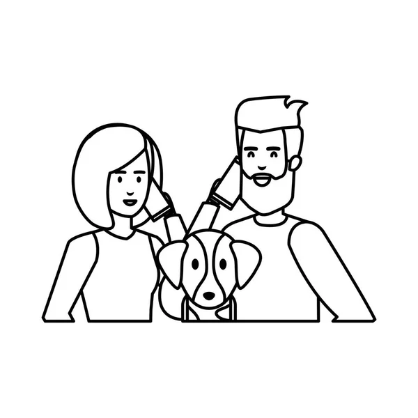 Jeune couple avec smartphone et chien — Image vectorielle