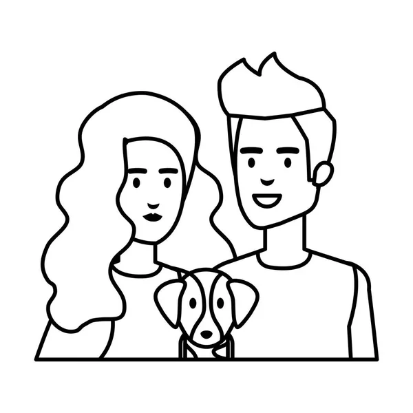 Jovem casal com smartphone e cachorro — Vetor de Stock