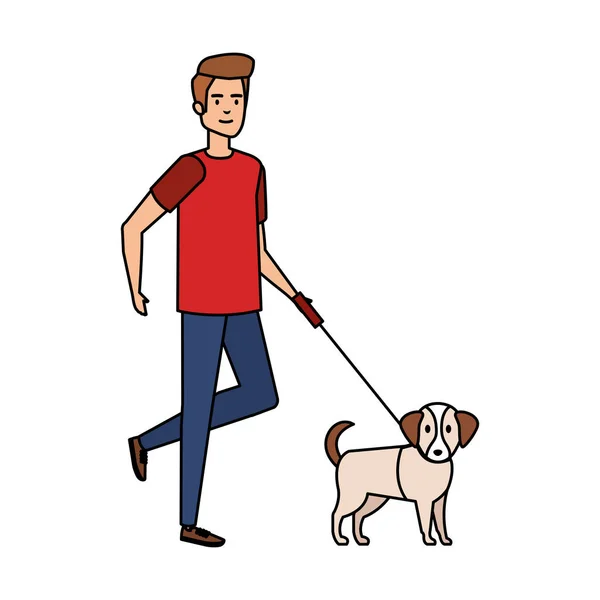 강아지와 산책 하는 젊은 남자 — 스톡 벡터