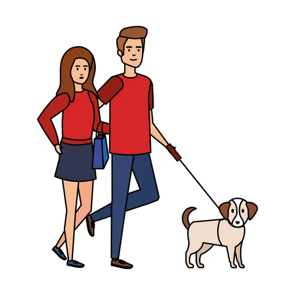 Joven pareja con perro avatares caracteres — Vector de stock