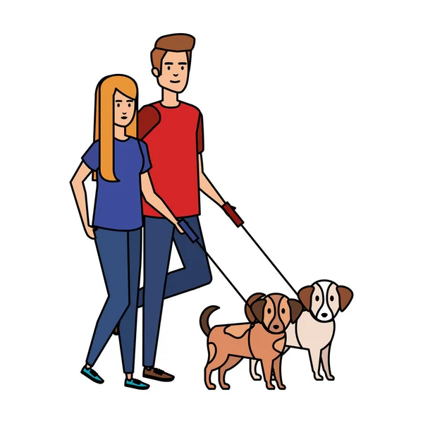Jovem casal com cão avatares personagens — Vetor de Stock