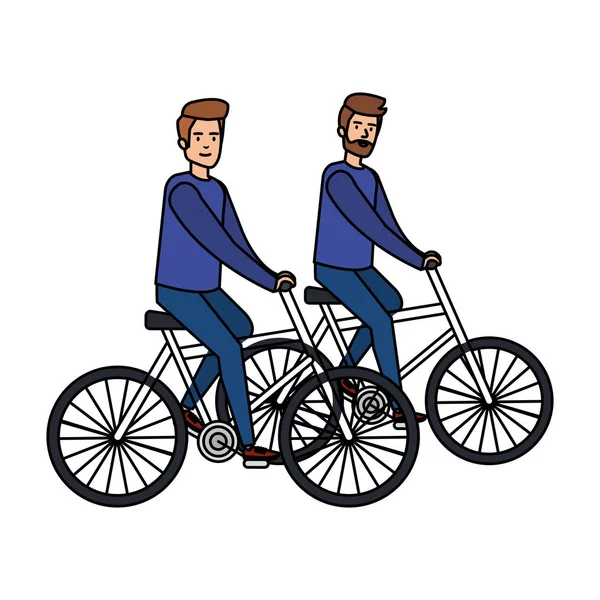 Young couple men bike ride characters — Stock Vector