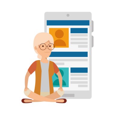 yaşlı kadın smartphone ile lotus pozisyonda