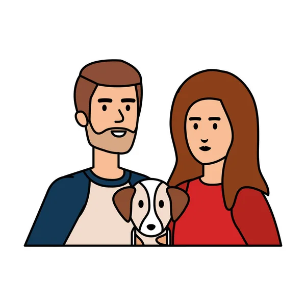 Joven pareja con perro avatares caracteres — Vector de stock