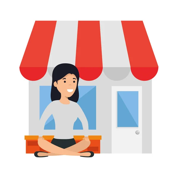 Young woman in lotus position with store building — Stock Vector