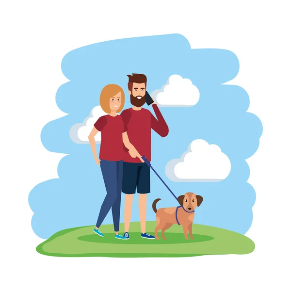 年轻夫妇与智能手机和狗 — 图库矢量图片
