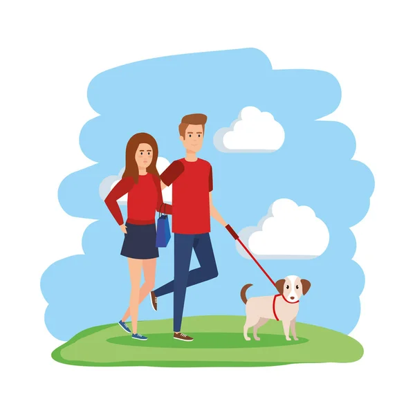 年轻夫妇与狗的化身字符 — 图库矢量图片