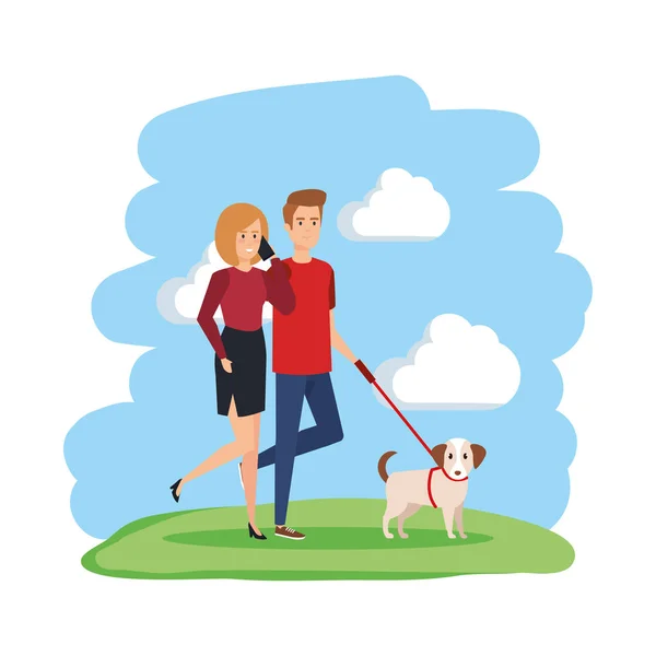 Young couple with smartphone and dog — Stock Vector