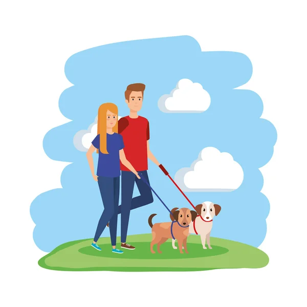 Young couple with dog avatars characters — Stock Vector