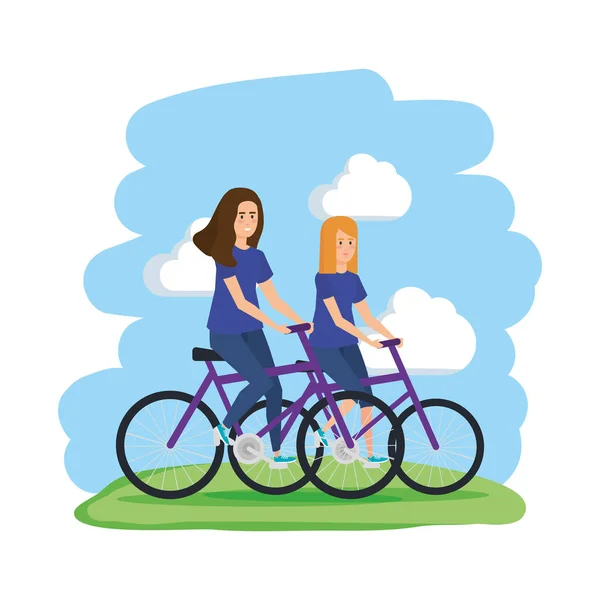 Couple de filles en vélos avatars personnages — Image vectorielle