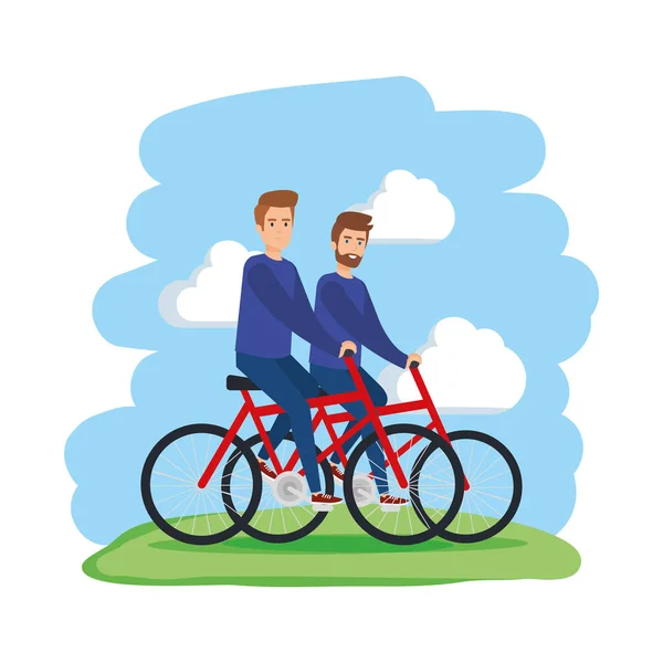 Jeune couple hommes vélo balade personnages — Image vectorielle