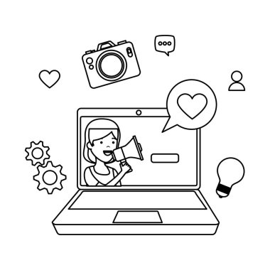 genç kadın laptop ile Sosyal Medya simgeler