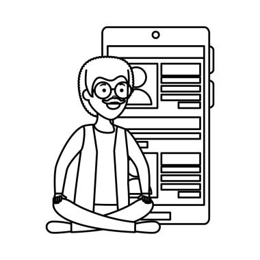 yaşlı adam smartphone ile lotus pozisyonda