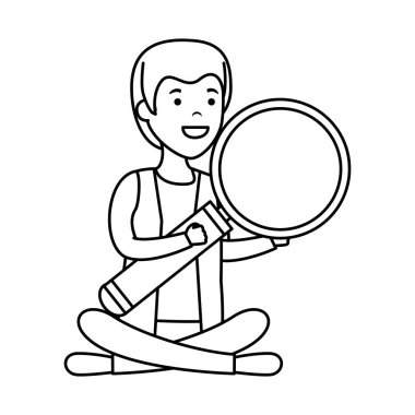 Büyüteç ile lotus durumundaki genç adamın