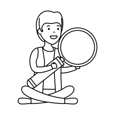 Büyüteç ile lotus durumundaki genç adamın