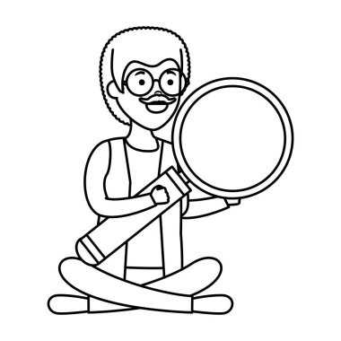 yaşlı adam büyüteç ile lotus pozisyonda