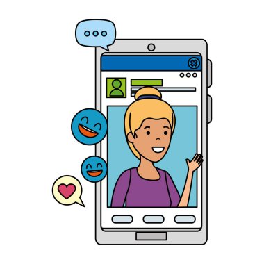 Sosyal medya simgeleriyle akıllı telefonda genç bir kadın