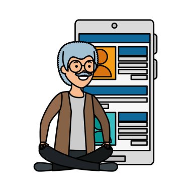 yaşlı adam smartphone ile lotus pozisyonda