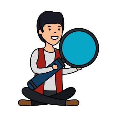 Büyüteç ile lotus durumundaki genç adamın