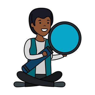 Büyüteç ile lotus durumundaki genç siyah adamın