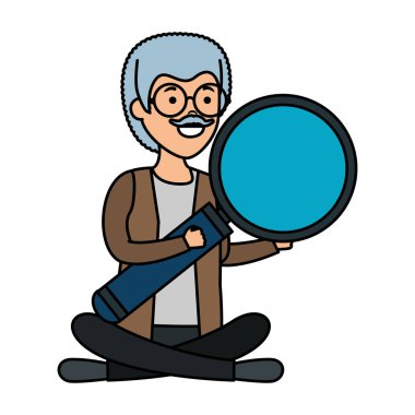 yaşlı adam büyüteç ile lotus pozisyonda