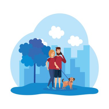 smartphone ve köpek ile genç Çift