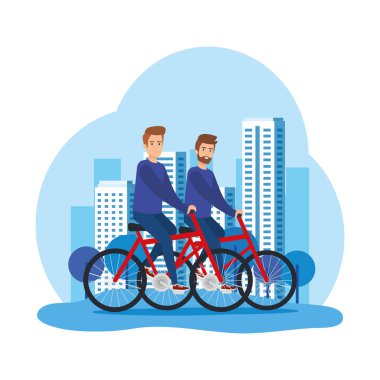 Genç Çift erkekler Bisiklete binmek karakterler