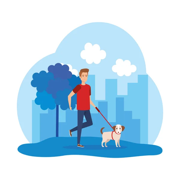 Joven hombre caminando con perro — Vector de stock