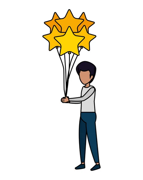 Человек с воздушными шарами гелий плавающий и звезды формы — стоковый вектор
