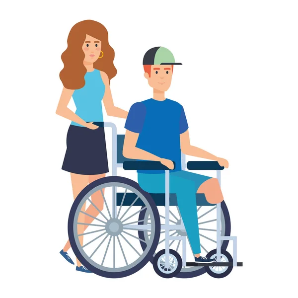 Joven en silla de ruedas con ayudante femenina — Archivo Imágenes Vectoriales