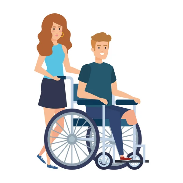 Joven en silla de ruedas con ayudante femenina — Vector de stock