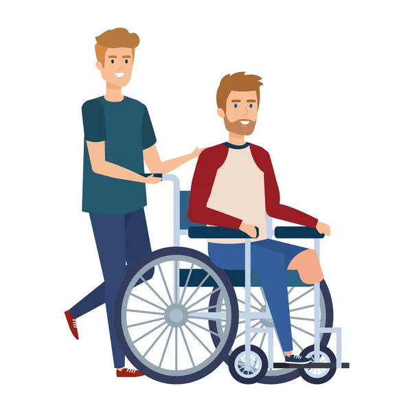 Joven en silla de ruedas con ayudante masculino — Vector de stock