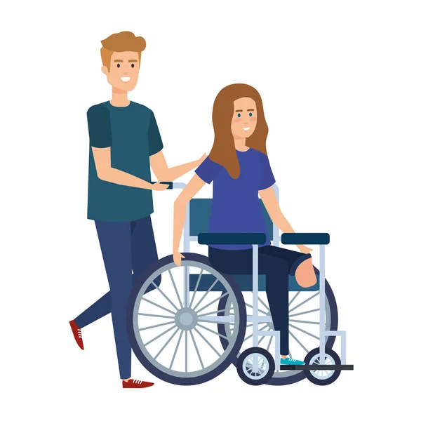 Ung kvinna i rullstol med manliga helper — Stock vektor