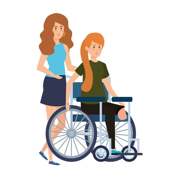 Jonge vrouw in rolstoel met vrouwelijke helper — Stockvector