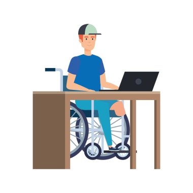 ofiste çalışan tekerlekli sandalyede genç adam
