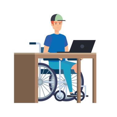 ofiste çalışan tekerlekli sandalyede genç adam